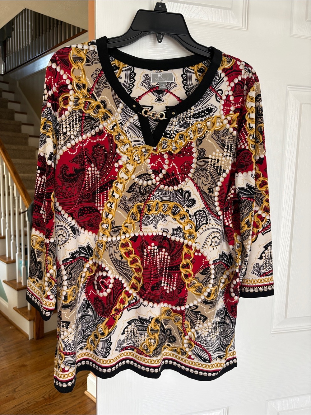 Elegant Red Paisley & Chain Print Women's Top